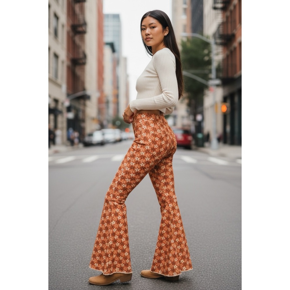 Peach Love Orange Retro Floral Flares | High Waist Denim Pants - Picture 5 of 10